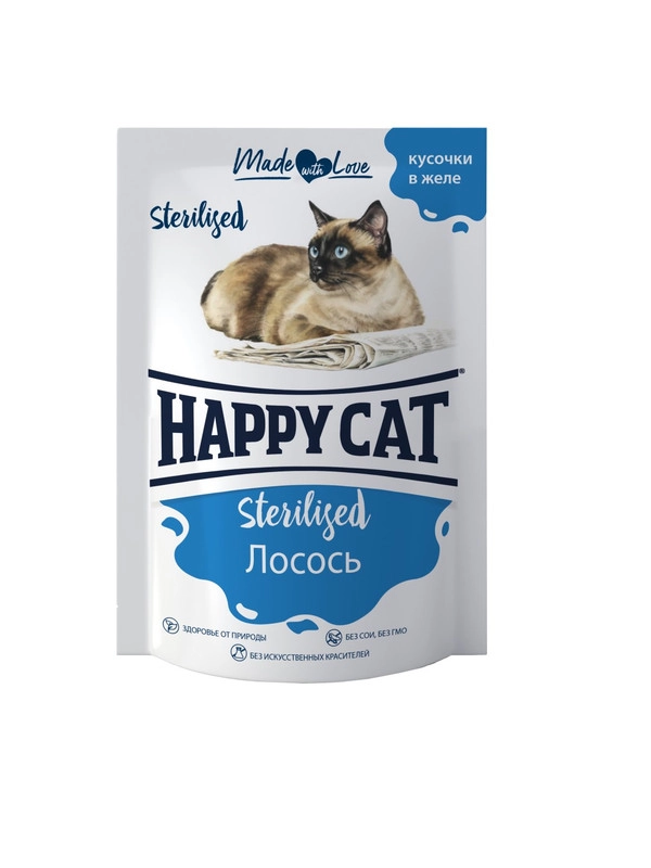 Паучи Happy Cat для стерилизованных кошек "Лосось кусочки" в желе, 0,085 кг, 24 шт