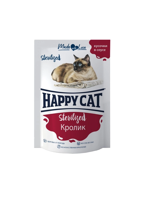 Паучи Happy Cat для стерилизованных кошек "Кролик кусочки" в соусе, 0,085 кг, 24шт