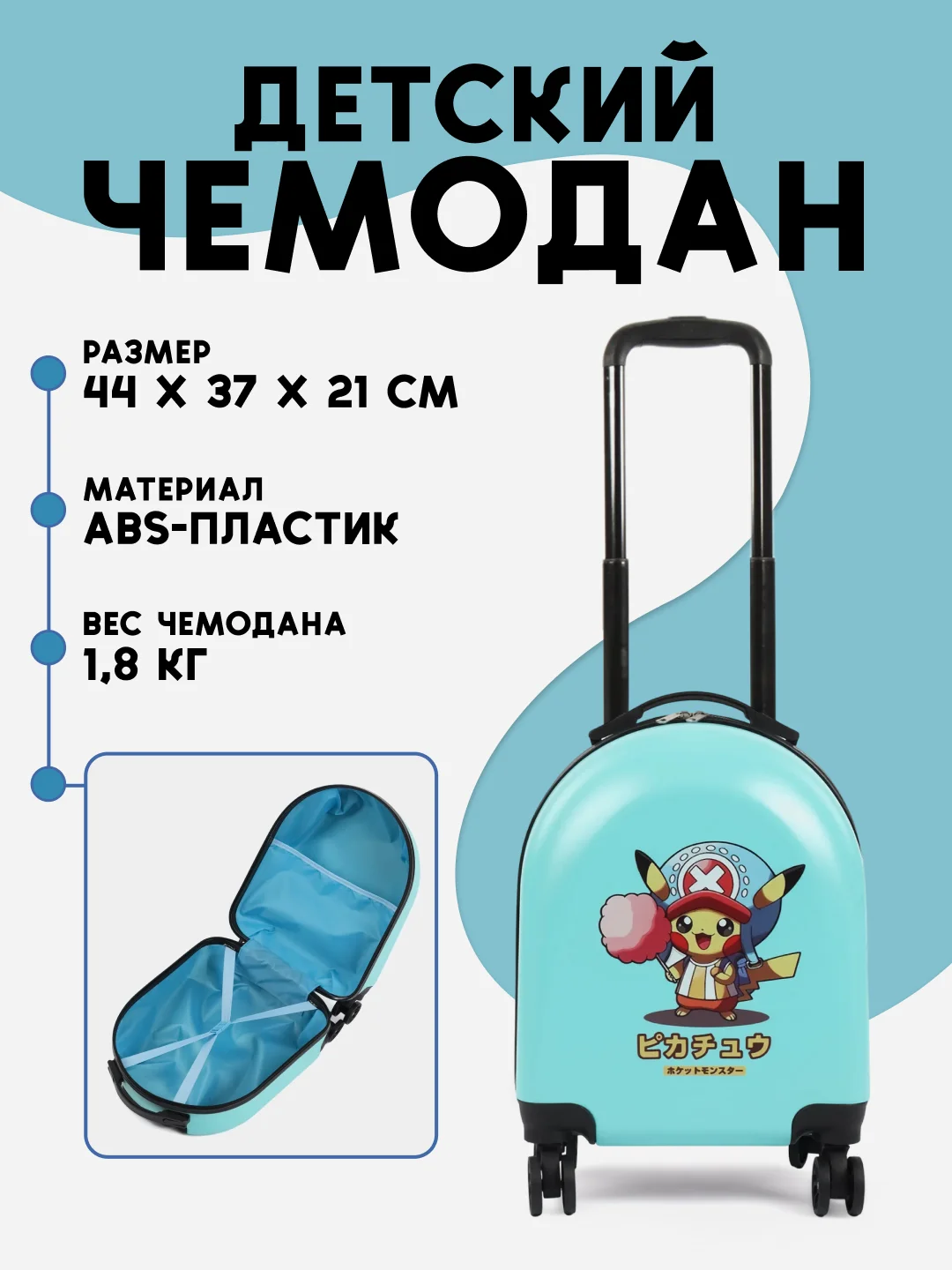Голубой чемодан на колесах, чемодан детский на колесах