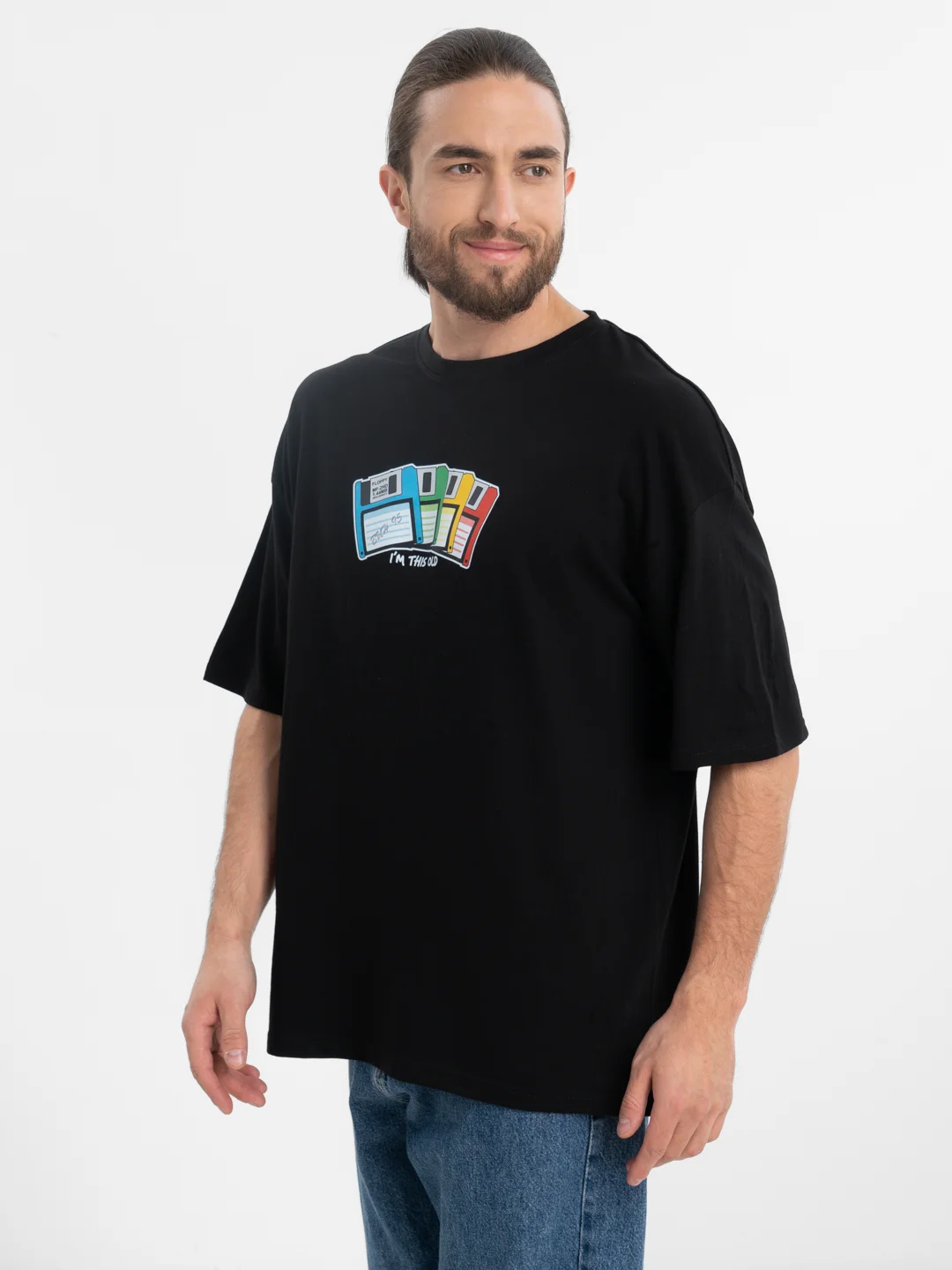 Черный футболка оверсайз "I am this old" унисекс, с принтом, хлопок, Oversize T-Shirt printed