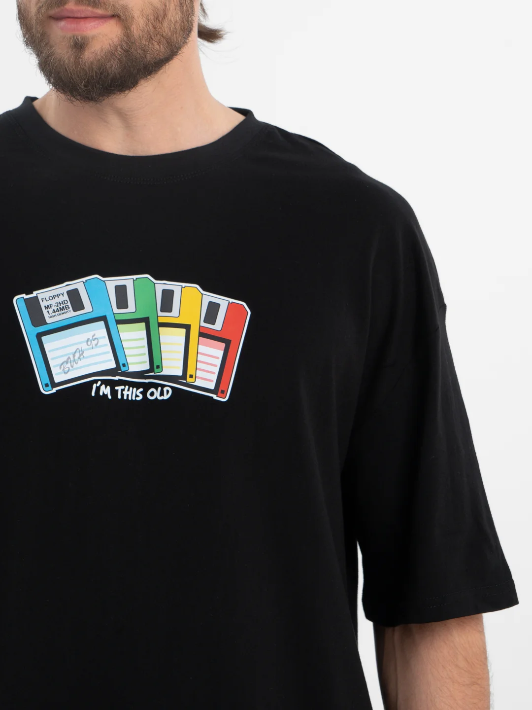 Черный футболка оверсайз "I am this old" унисекс, с принтом, хлопок, Oversize T-Shirt printed
