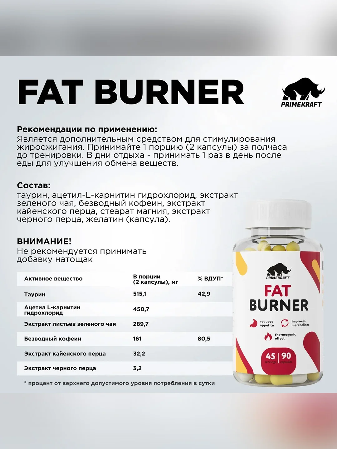 Жиросжигатель Primekraft Fat Burner, 90 капсул