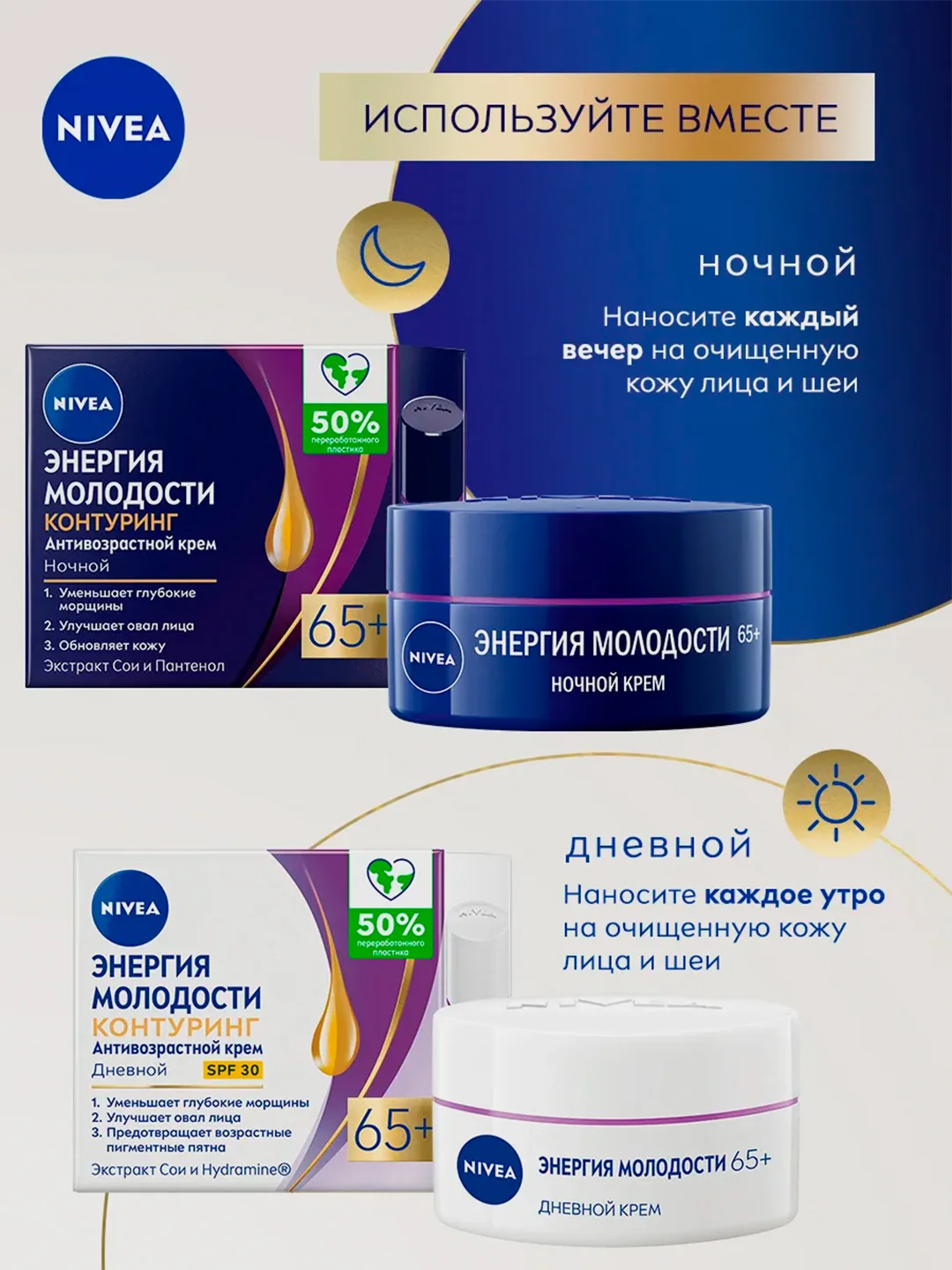 Антивозрастной ночной крем для лица NIVEA "Энергия Молодости", контуринг 65+, 50 мл