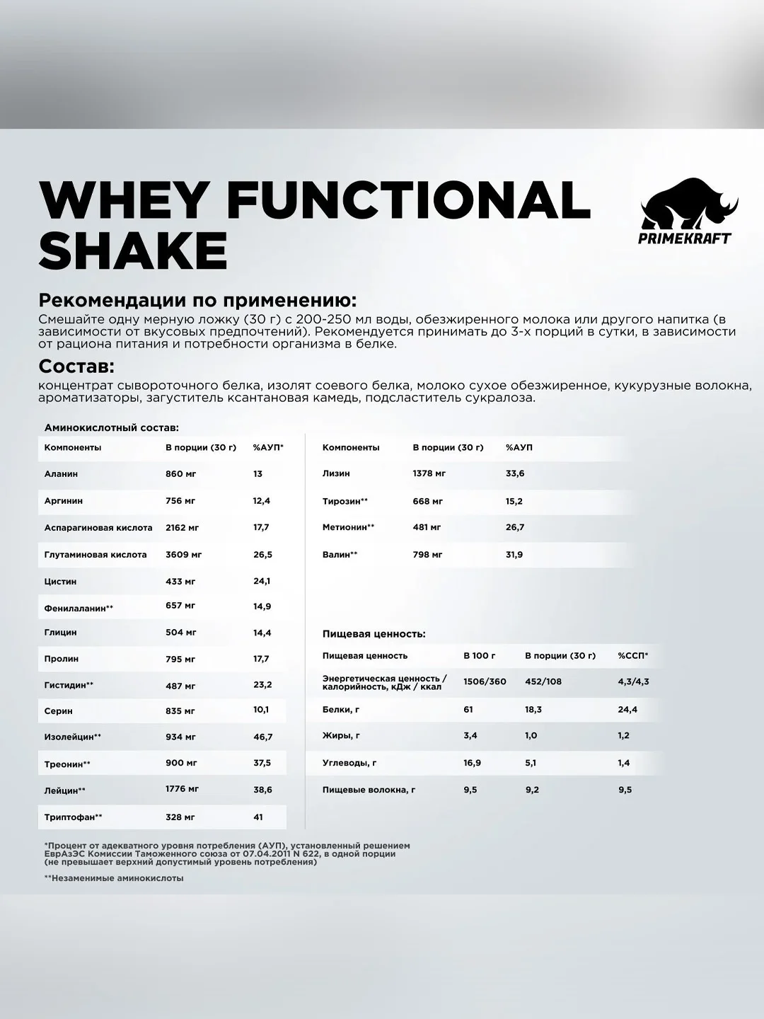 Протеин сывороточный PRIMEKRAFT Whey Functional Shake Ваниль, 900 гр - 30 порций