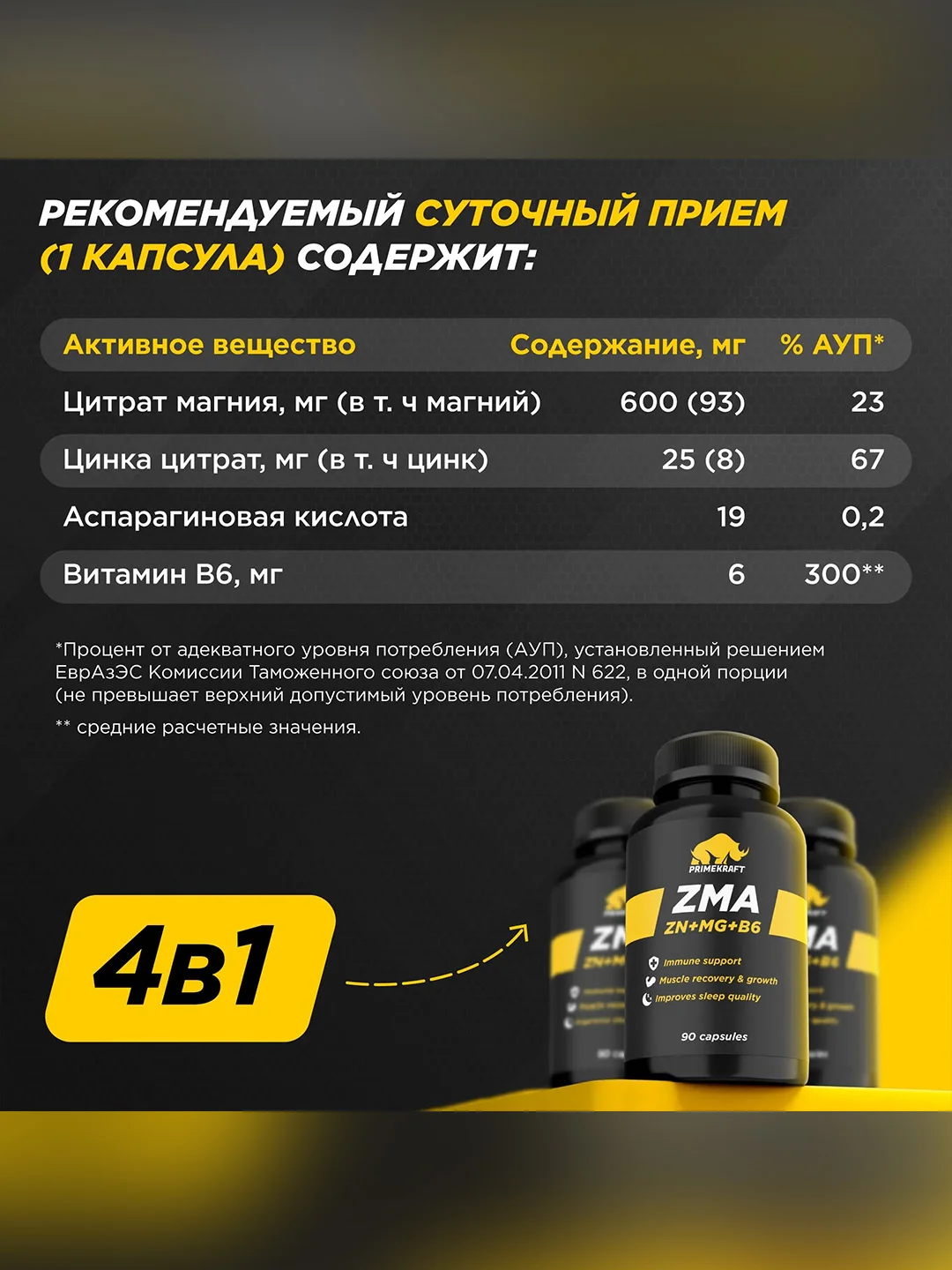 БАД к пище Primekraft "Капсулированный ЗМА" (ZMA), 90 капсул
