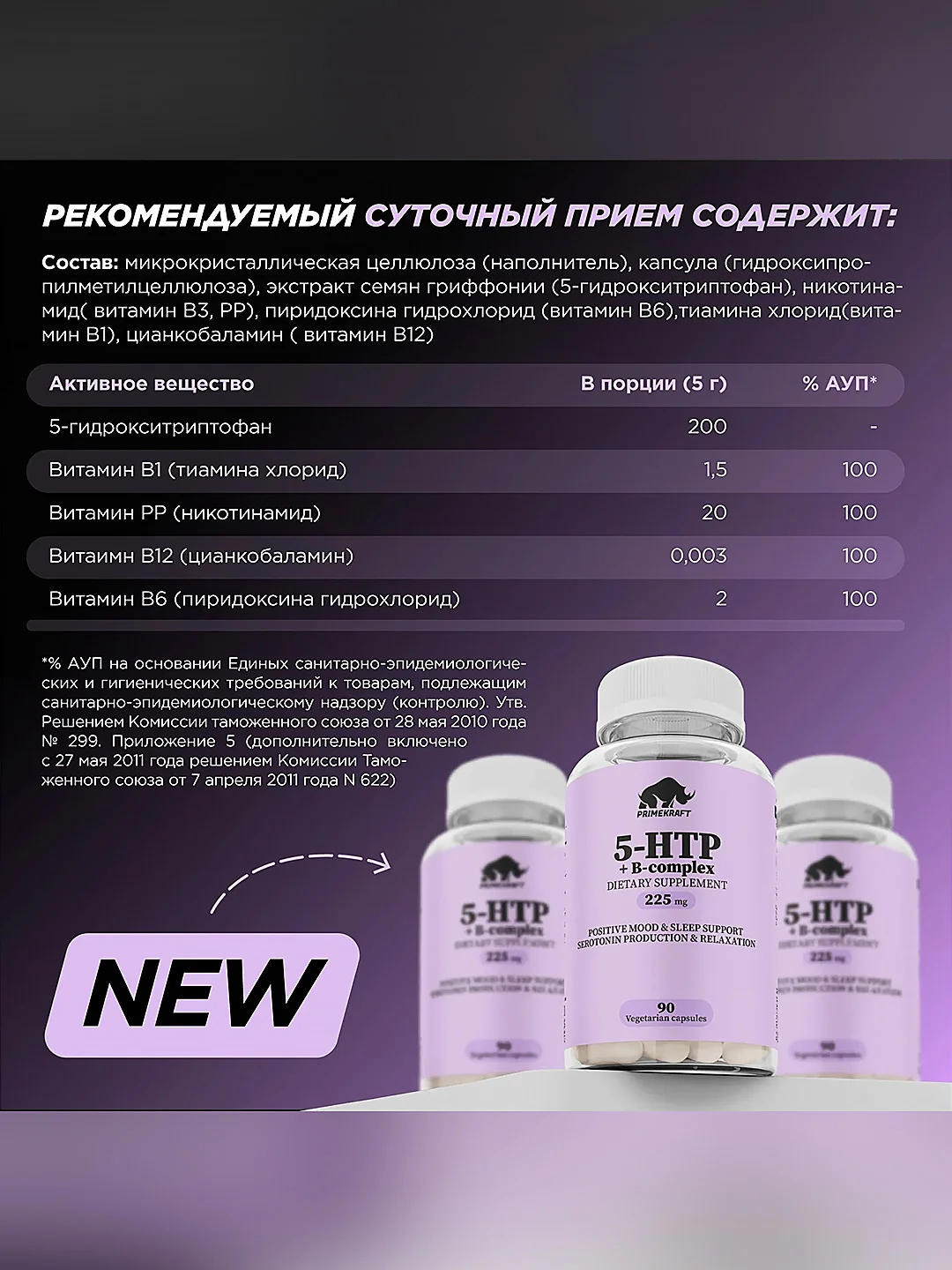БАД к пище Primekraft "Капсулированный 5-гидрокситриптофан" (5-HTP), VEG CAPS, 90 капсул