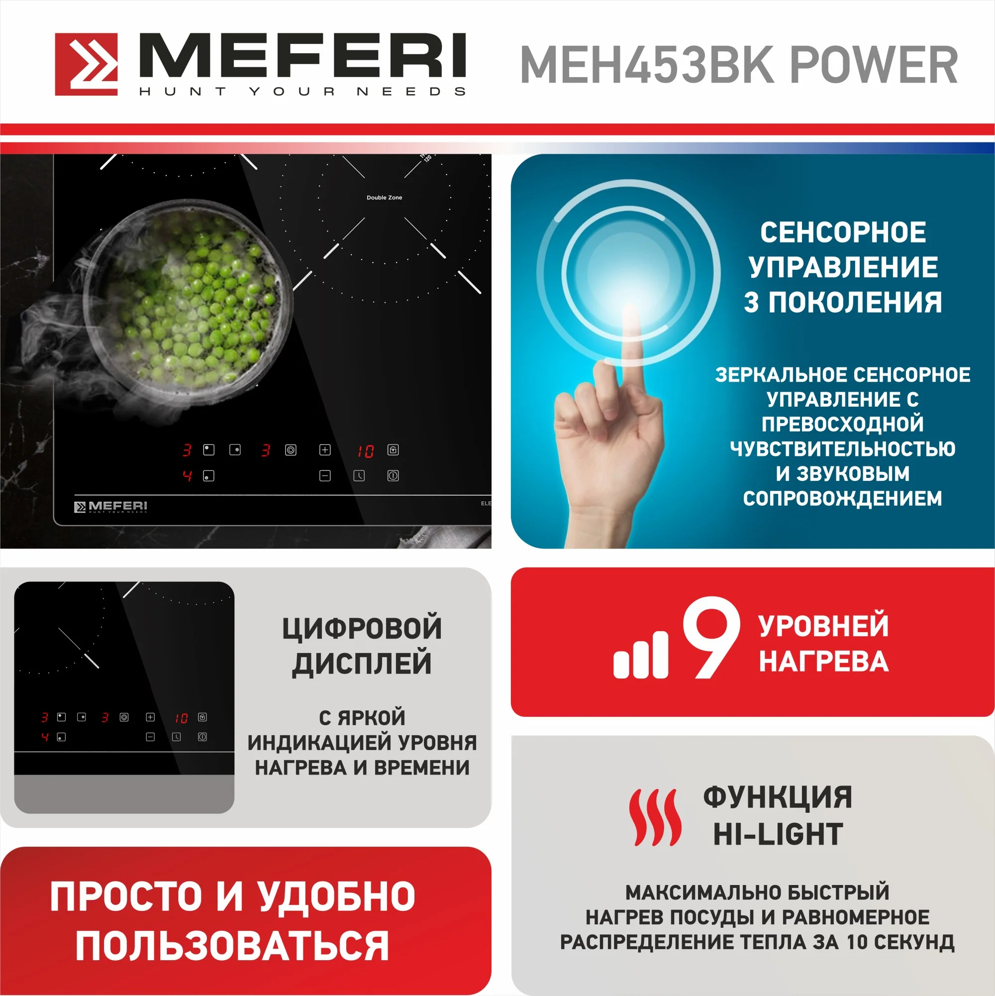 Варочная панель электрическая MEH453BK POWER - 3 конфорки, ширина 45 см, стеклокерамика