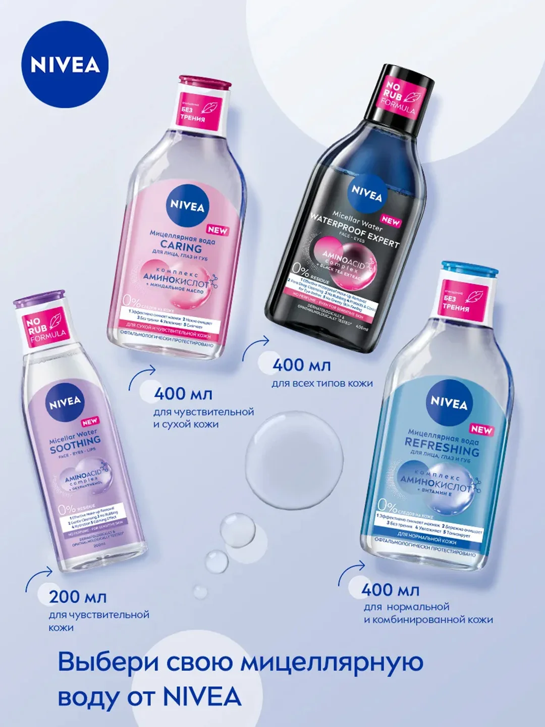 Мицеллярная вода NIVEA WATERPROOF EXPERT, для стойкого макияжа, для лица и глаз, 400 мл