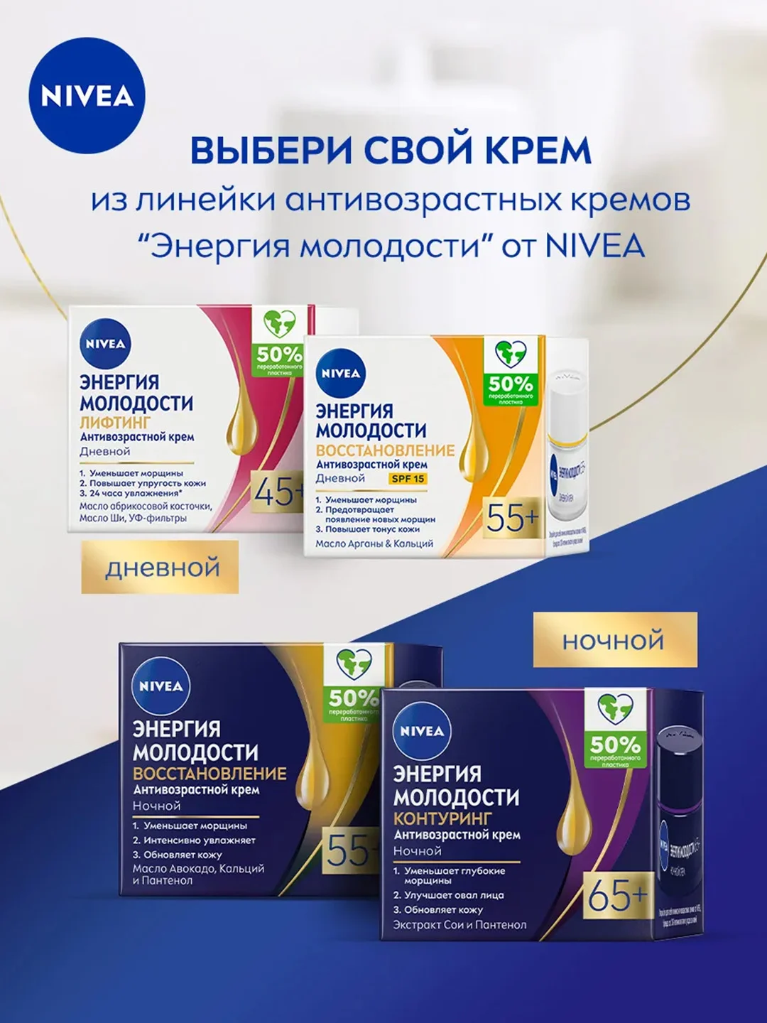 Антивозрастной дневной крем для лица NIVEA "Энергия Молодости" Контуринг 65+, SPF30, 50 мл