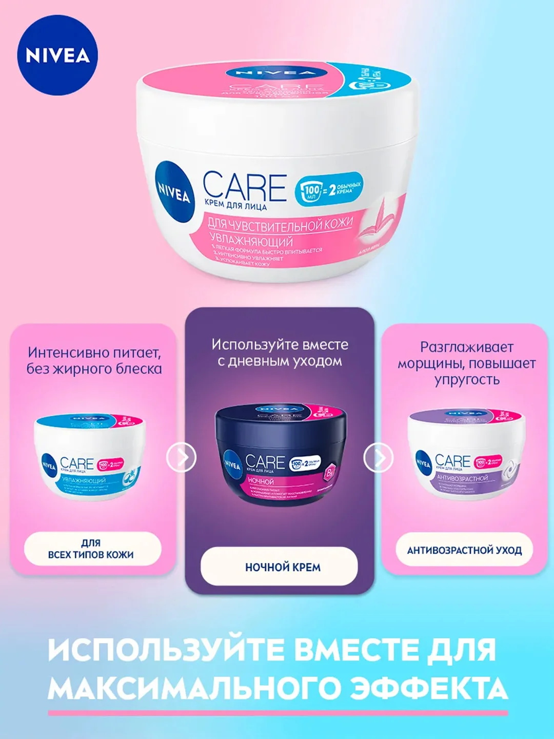 Крем для лица NIVEA Care, для чувствительной кожи, увлажняющий, с алоэ вера, 100 мл