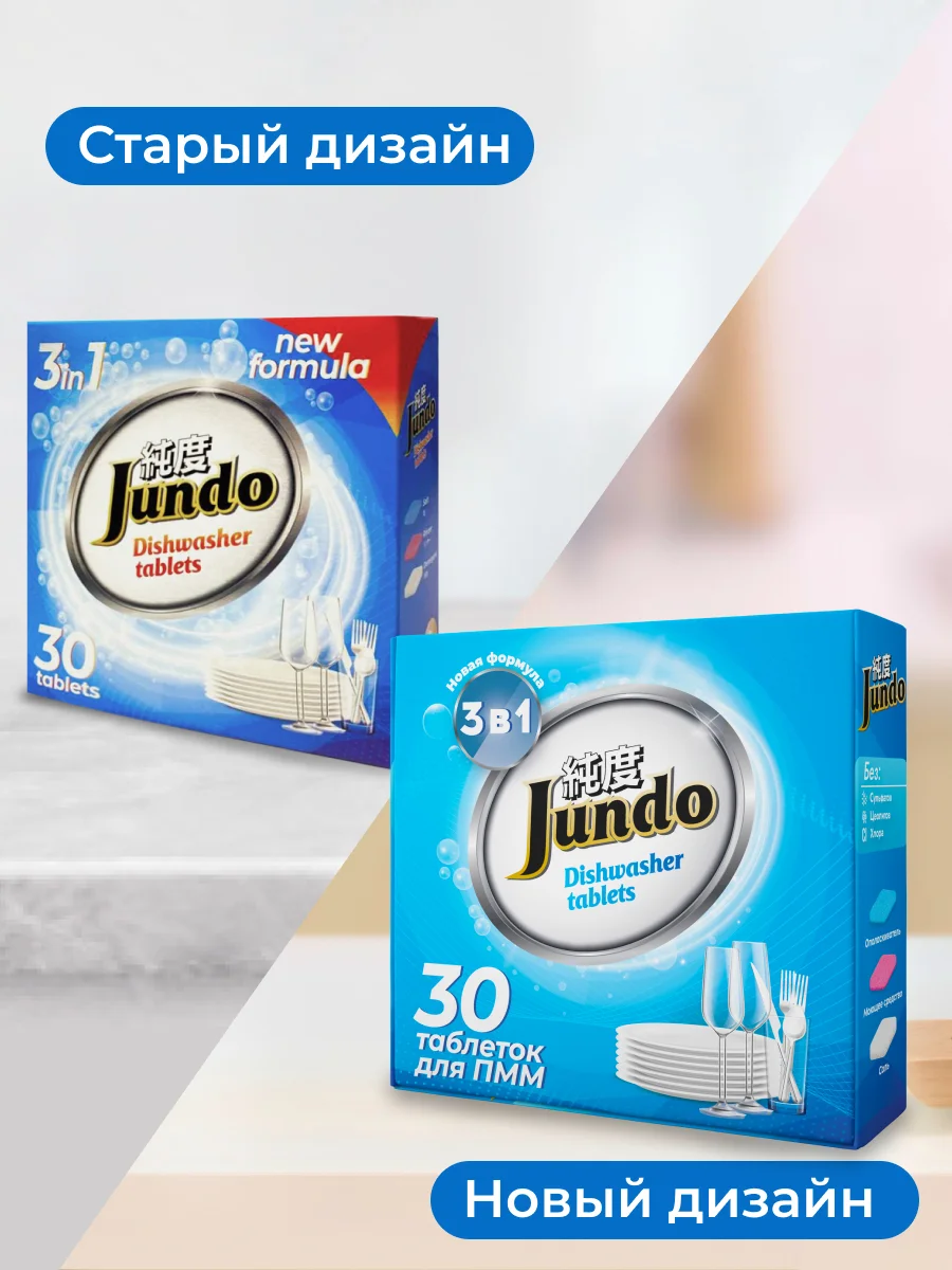 Таблетки для безопасного мытья посуды в ПММ Jundo Active Oxygen 3 в 1, без запаха, 30 шт