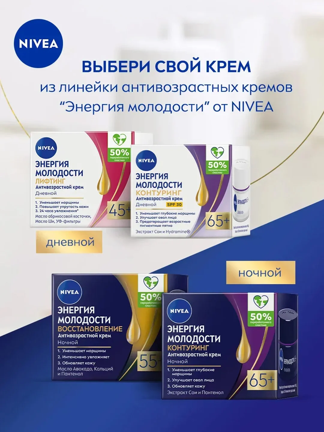 Антивозрастной дневной крем для лица NIVEA "Энергия Молодости", против морщин, SPF15, 50мл