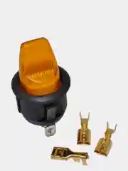 Желтый выключатель клавишный 12В круглый ОБЪЕМНЫЙ, подсветка, 16А, (3с) желт/зелен/красн/синий