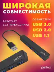 Черный разветвитель хаб USB-HUB Perfeo 4 Port, (PF-H038)
