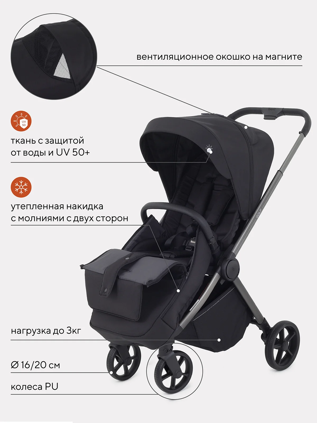 Черный коляска детская RANT GOLF RA101