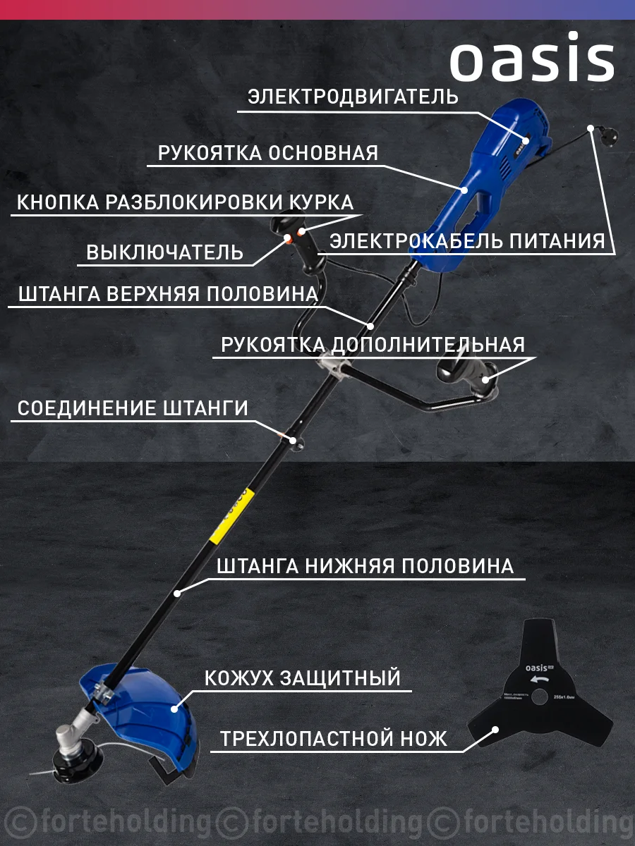 Синий триммер электрический садовый для травы мотокоса "Oasis" TE-150 Pro