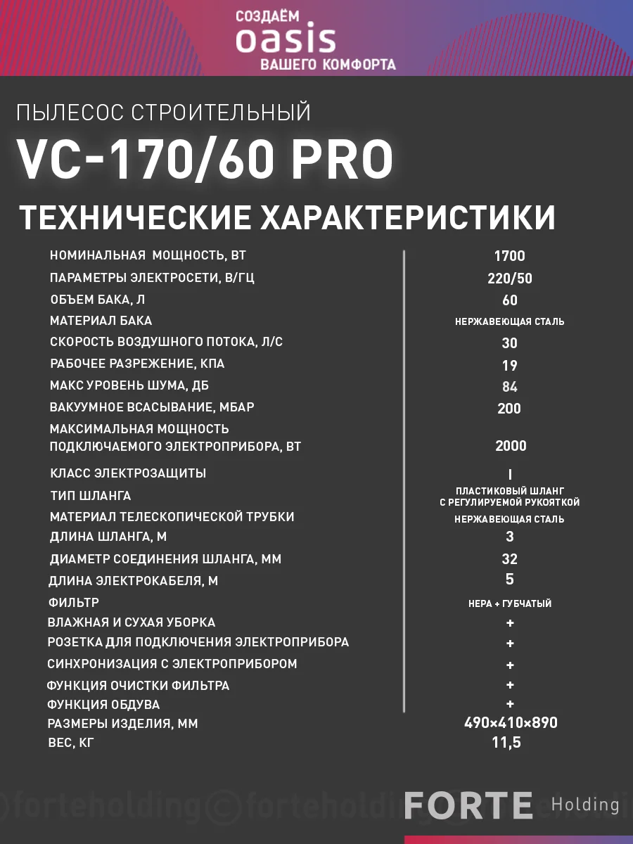 Синий строительный пылесос "Oasis" VC-170/60 Pro