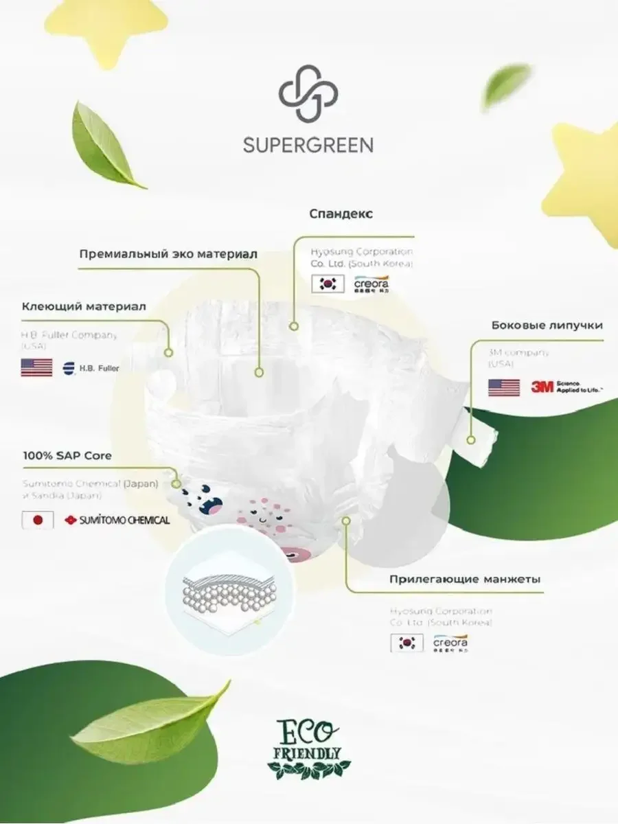 Подгузники детские одноразовые Супергрин Premium baby Diapers, размер M 6-11 кг, 56 штук