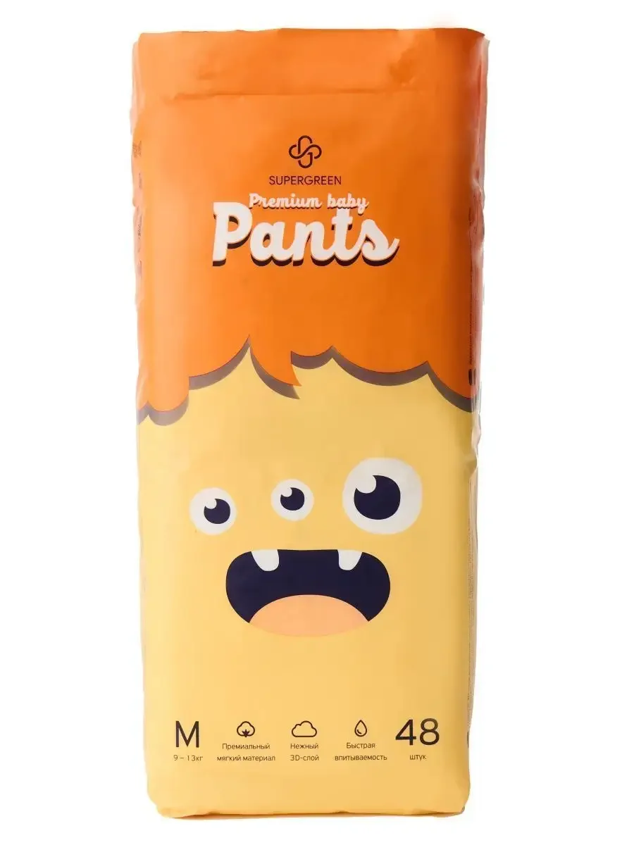 Подгузники-трусики детские Супергрин Premium baby Pants, размер М, 9-13 кг, 48 штук