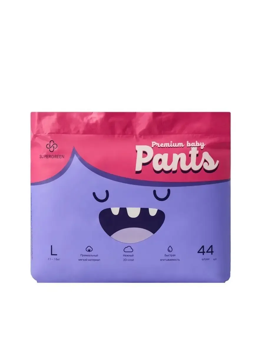 Подгузники-трусики детские Супергрин Premium baby Pants, размер L, 11-16 кг, 44 штуки