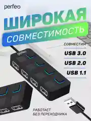 Черный разветвитель хаб USB-HUB Perfeo 4 Port, (PF-H044)