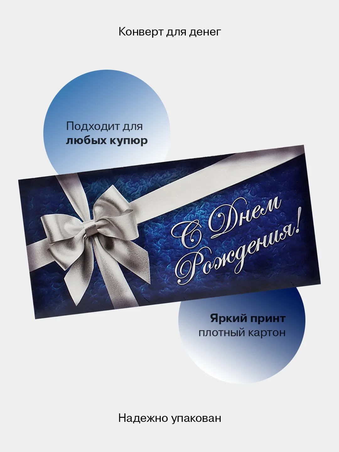 Синий конверт-открытка для денег подарочный "С днём рождения!", 78 видов