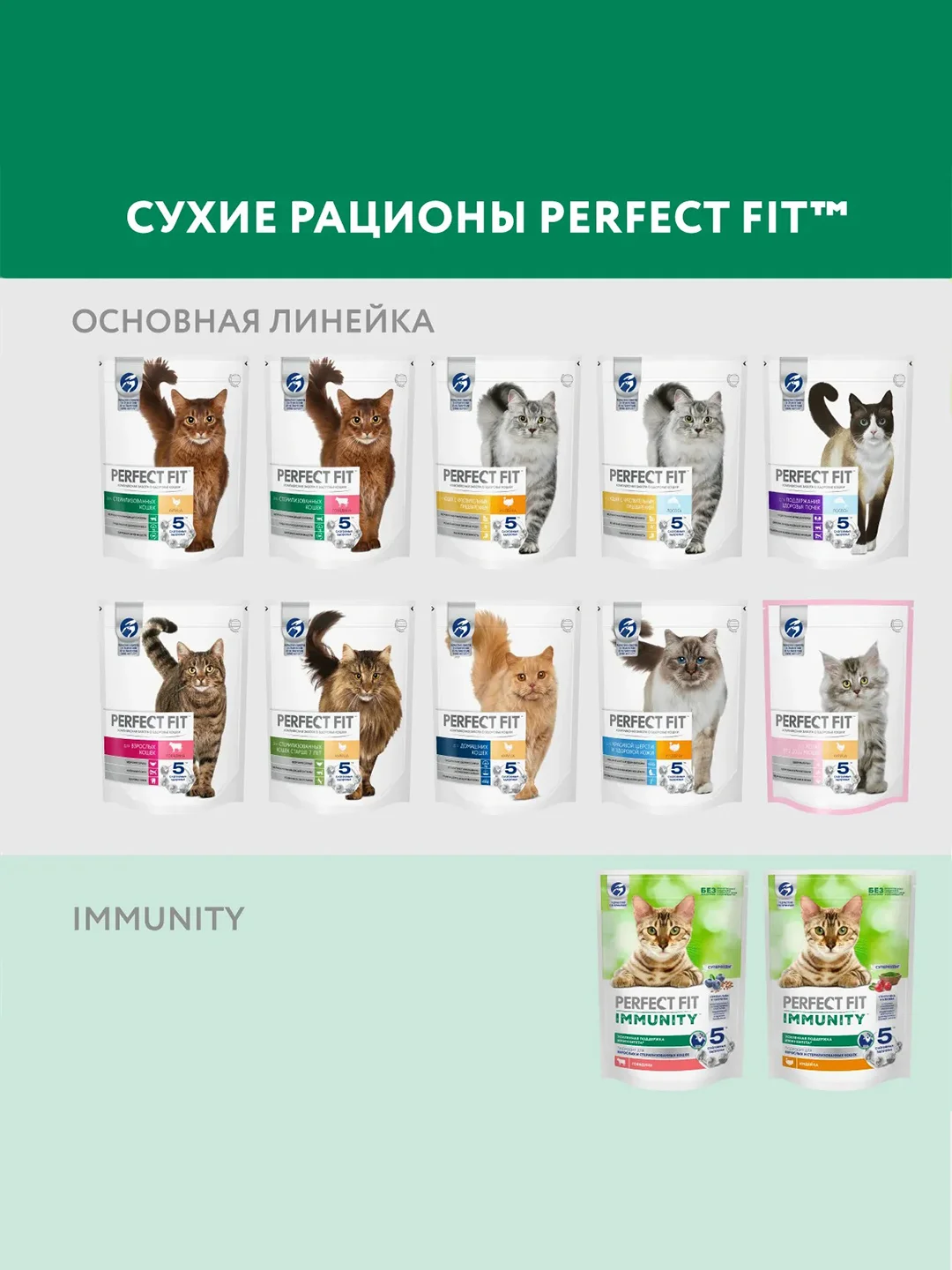 Сухой корм Perfect Fit Immunity для иммунитета кошек, говядина, семяна льна, голубика 580г