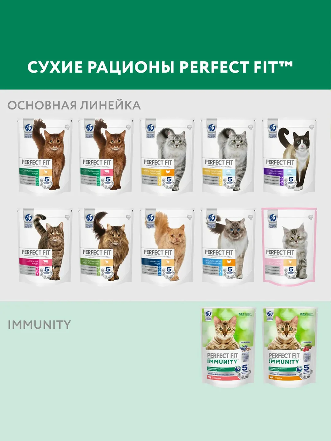 Сухой корм Perfect Fit Immunity для иммунитета кошек, индейка, спирулина и клюква, 580г