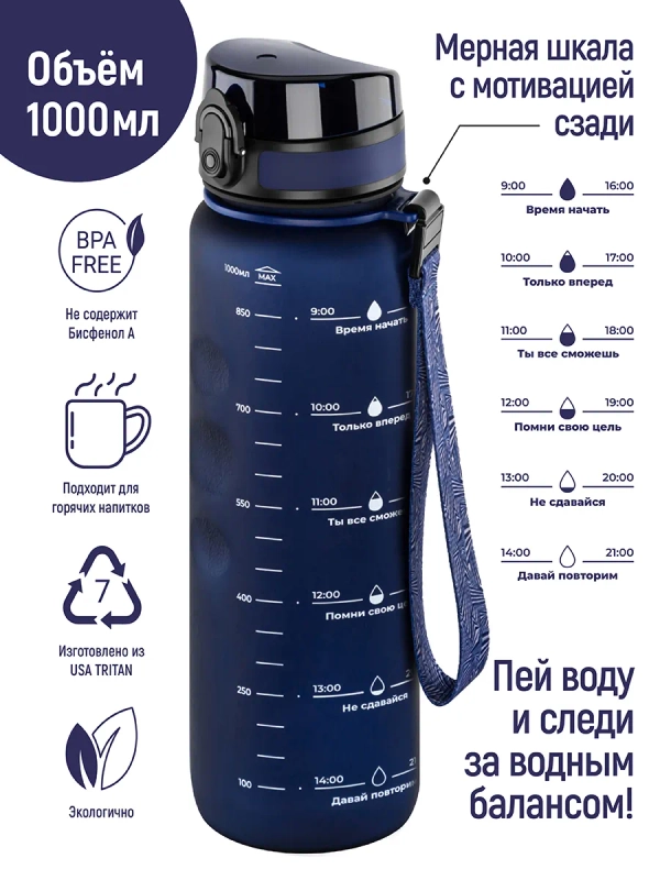 Бутылка для воды 1000 мл Elan Gallery Style Matte с углубл. для пальцев темно-синяя