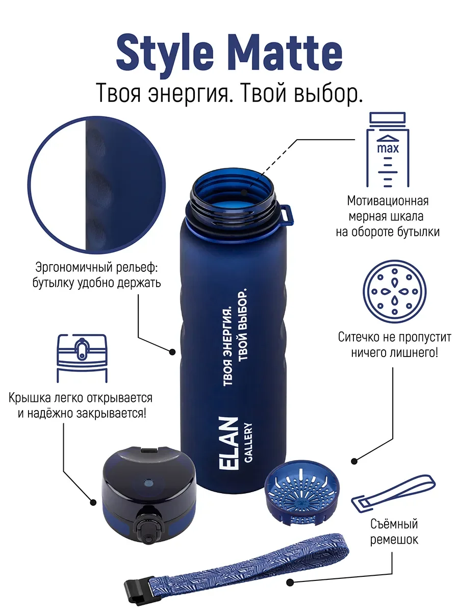 Бутылка для воды 1000 мл Elan Gallery Style Matte с углубл. для пальцев темно-синяя