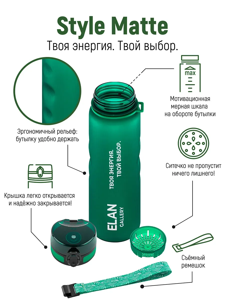 Бутылка для воды 1000 мл Elan Gallery Style Matte с углубл д/п темно-зеленая
