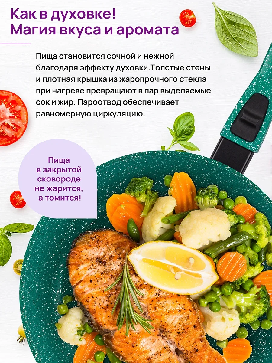 Сковорода глубокая 28 см Elan Gallery ГАРМОНИЯ ВКУСА Изумруд с крышкой, со съёмной ручкой