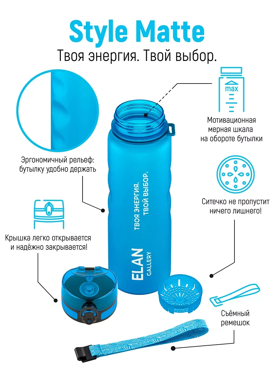 Бутылка для воды 1000 мл Elan Gallery Style Matte с углубл д/п аквамар-морская волна