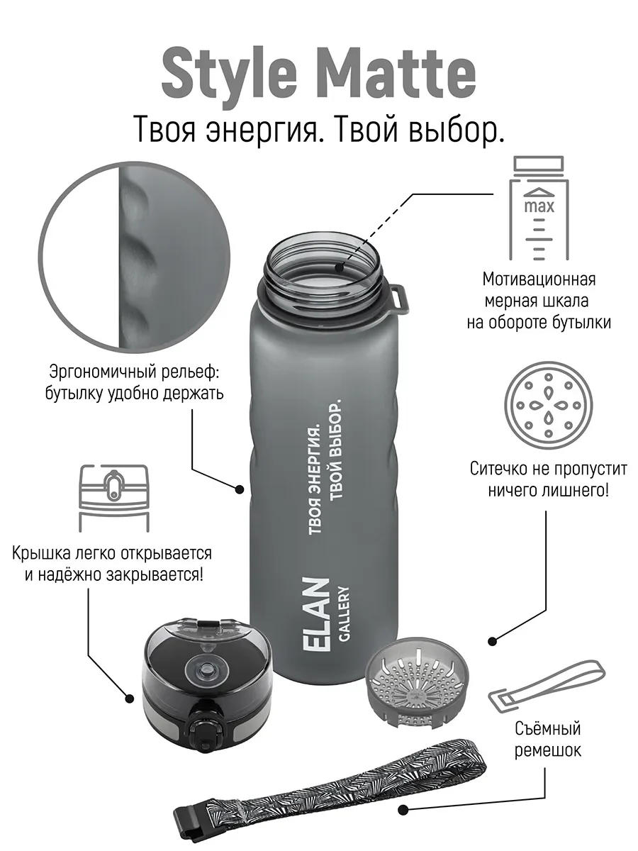 Бутылка для воды 1000 мл Elan Gallery Style Matte с углубл для пальцев серая