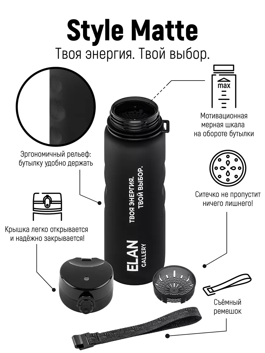 Бутылка для воды 1000 мл Elan Gallery Style Matte с углубл для пальцев черная