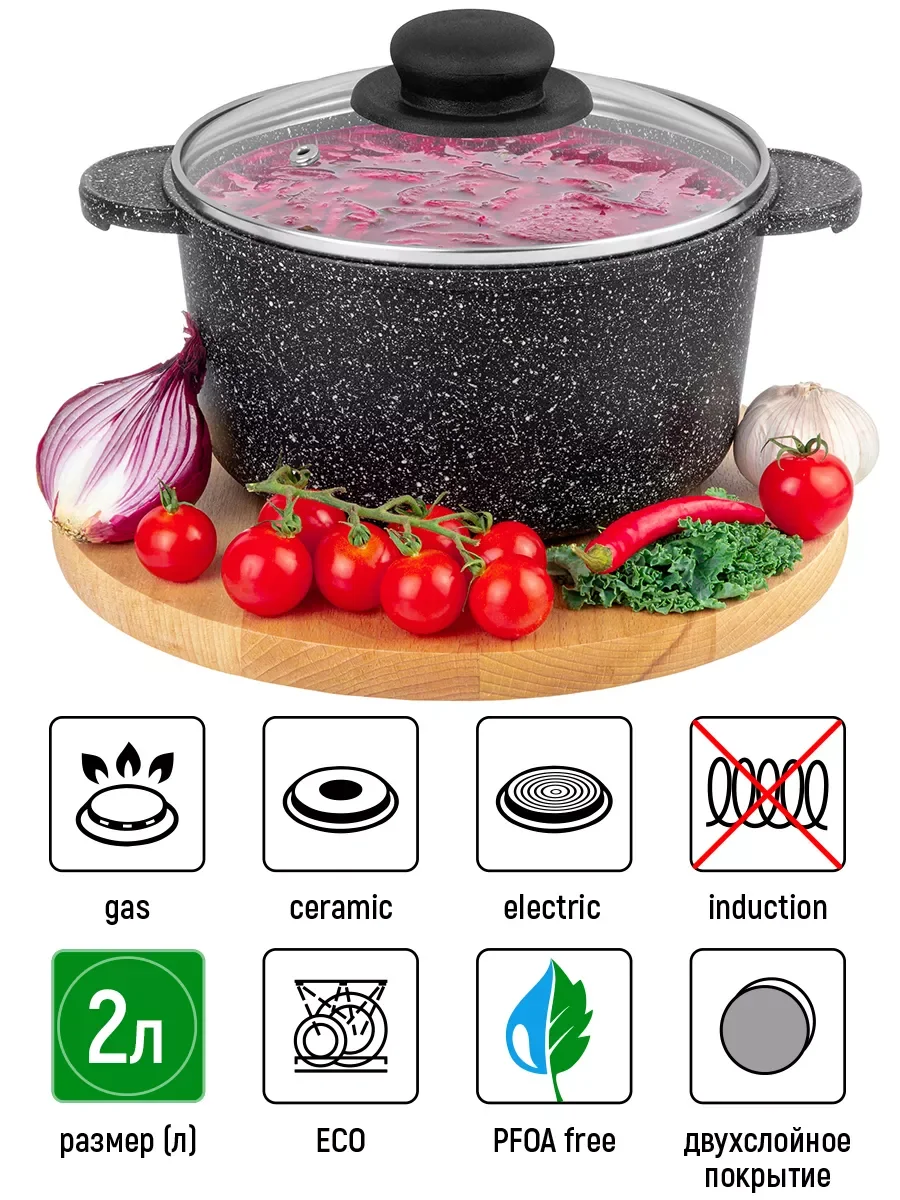 Кастрюля 2 л Elan Gallery ГАРМОНИЯ ВКУСА Черный мрамор с крышкой D18