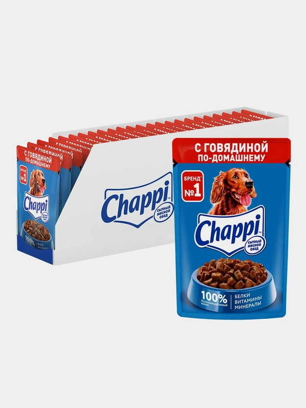 Влажный корм для собак Chappi «Сытный мясной обед. С говядиной по-домашнему», 28 шт по 85г