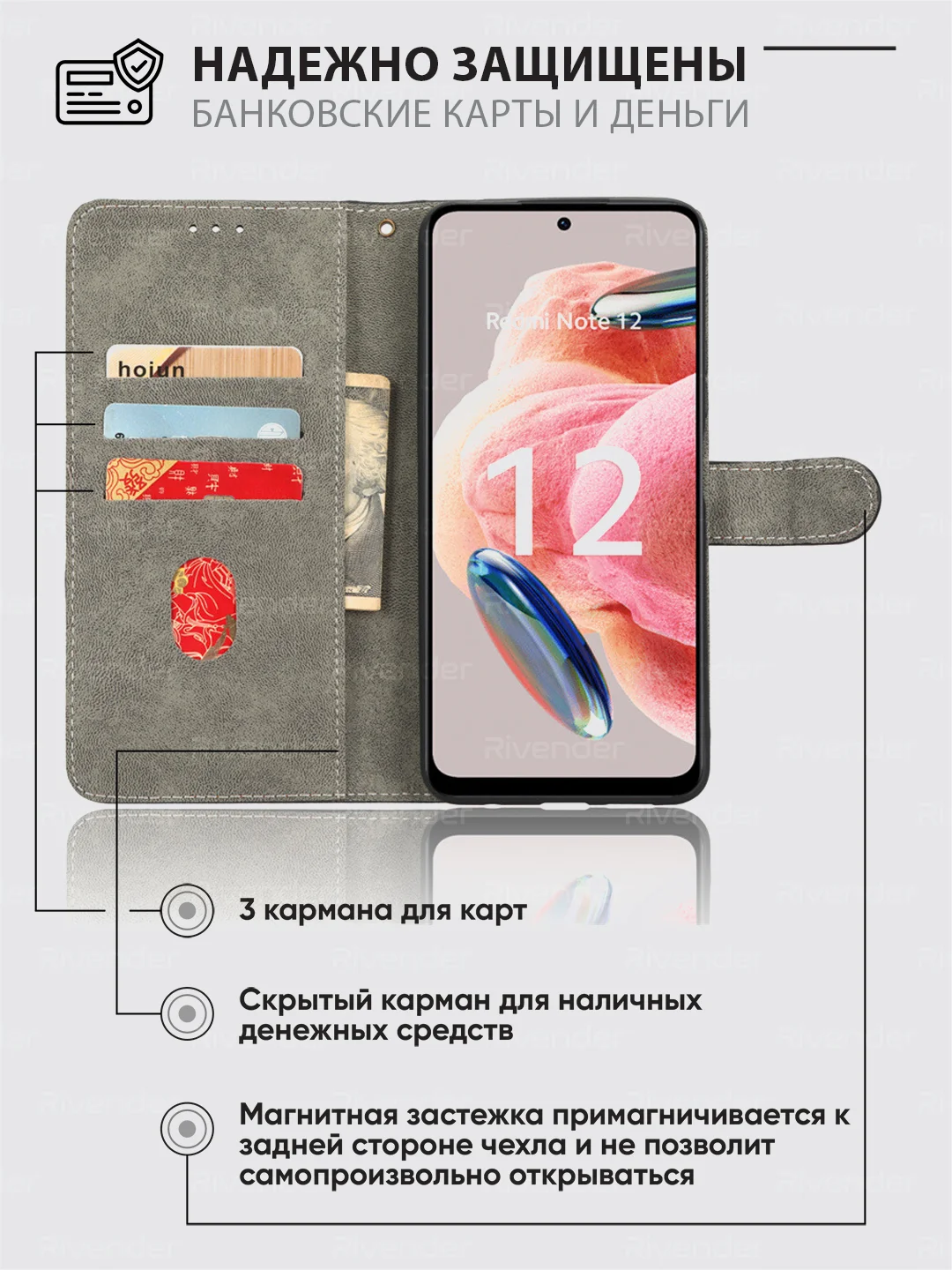Черный чехол-книжка Xiaomi Redmi Note 12 4G (Сяоми Редми Ноут 12 4 Джи) с магнитной застежкой