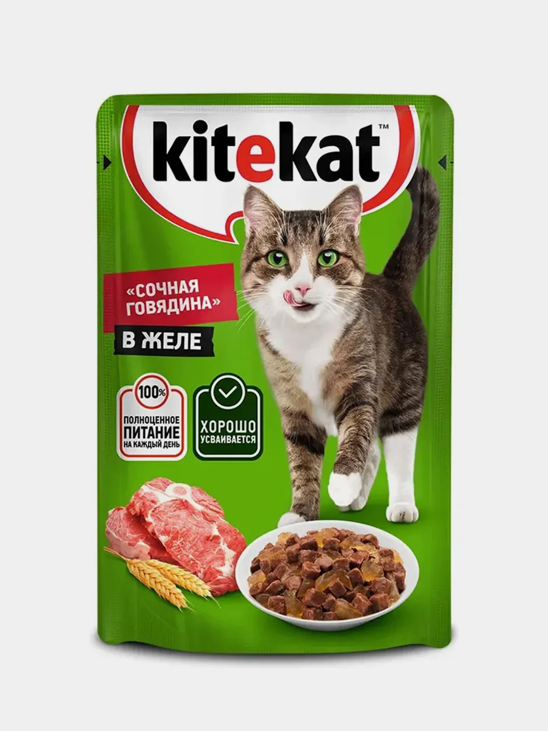 Влажный корм KITEKAT™ для кошек со вкусом говядины в желе «Сочная говядина», 28 шт по 85г