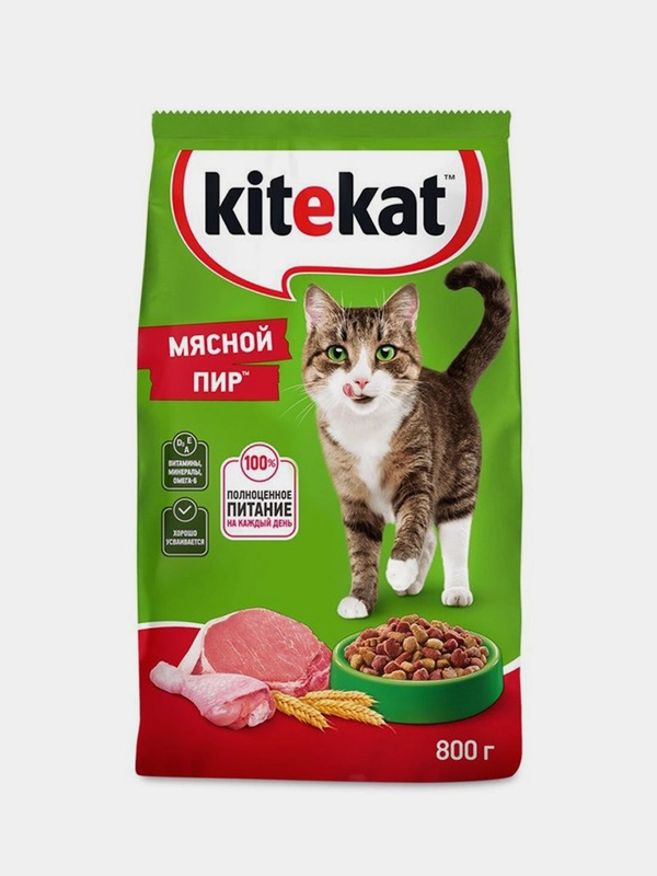 Сухой полнорационный корм KITEKAT™ для взрослых кошек «Мясной Пир», 800г