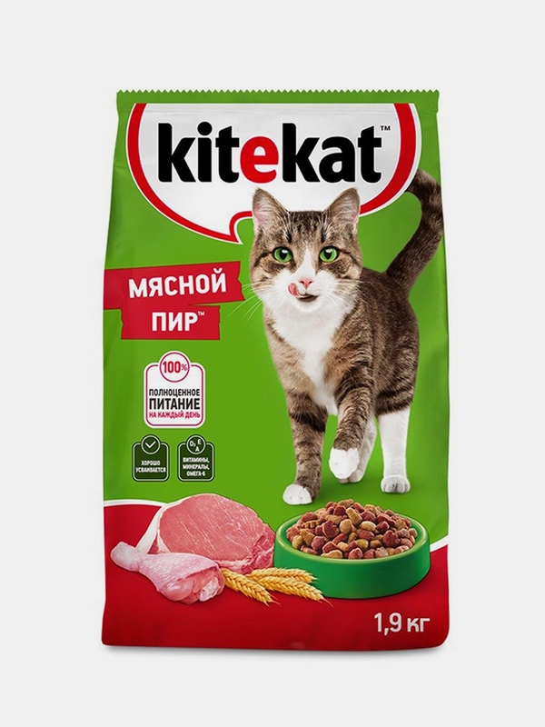 Сухой полнорационный корм KITEKAT™ для взрослых кошек «Мясной Пир», 1.9кг