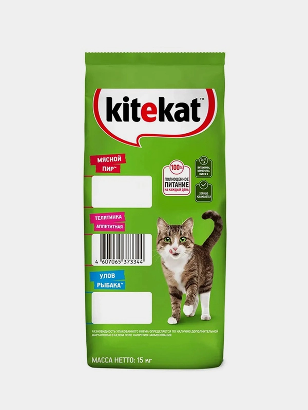 Сухой полнорационный корм KITEKAT™ для взрослых кошек «Телятинка Аппетитная», 15кг