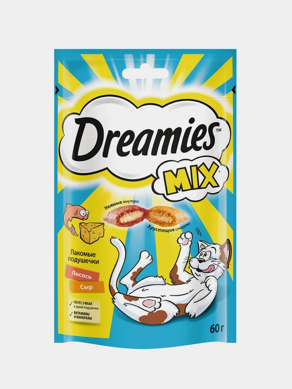 Лакомство Dreamies™ MIX для взрослых кошек, с лососем и сыром, 60г