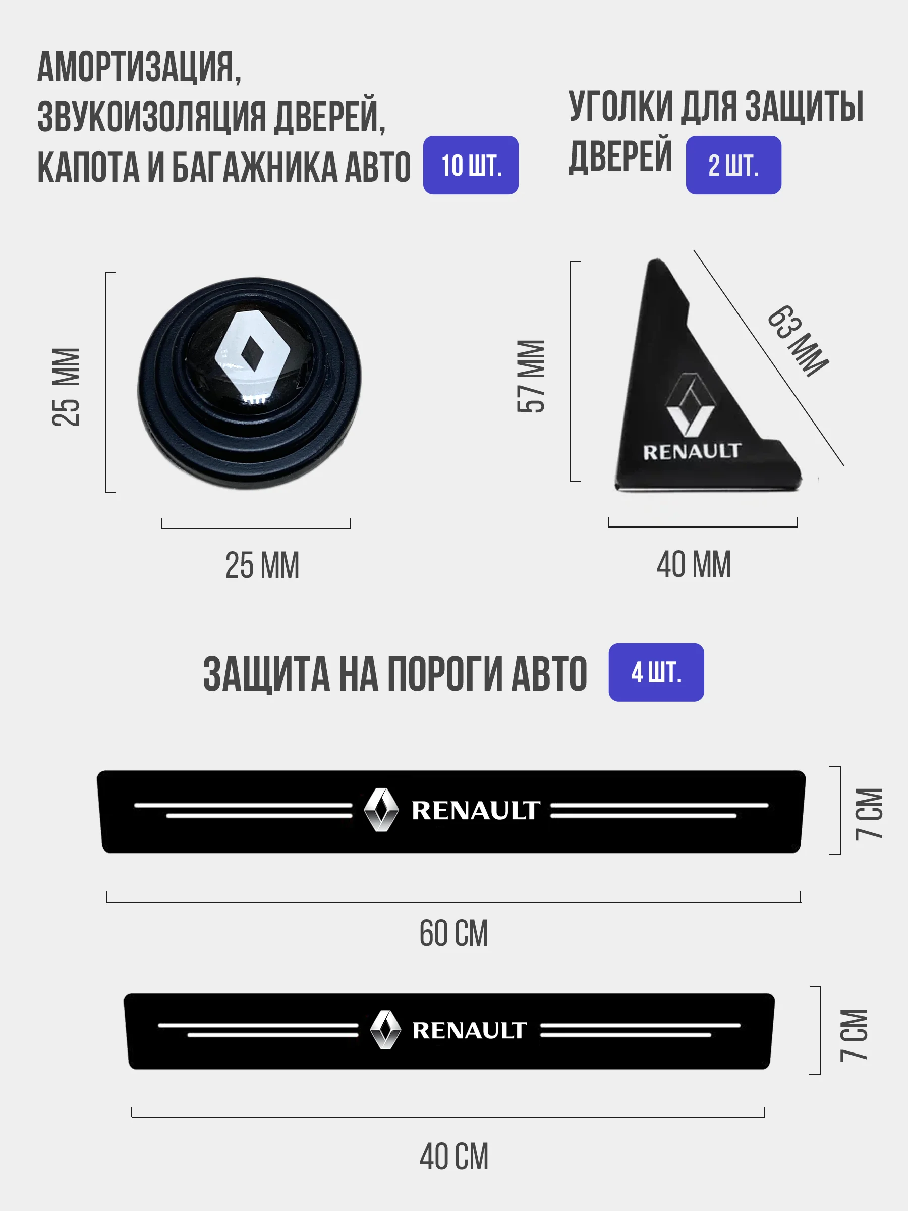 Набор для защиты авто Renault (Рено) 24 предмета: на пороги, двери, ручки, зеркала
