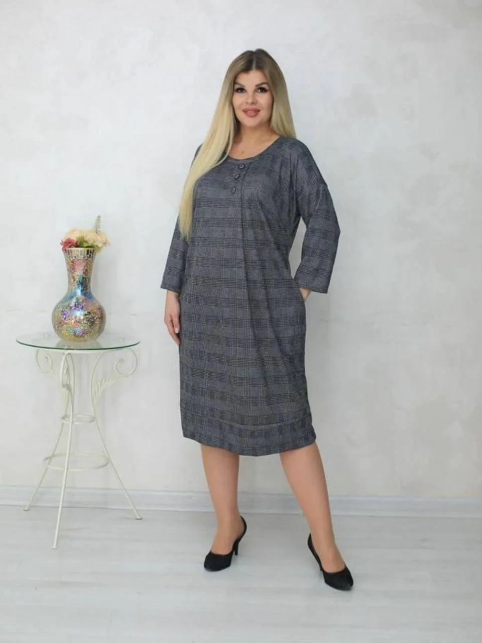 Черный платье женское тёплое, ангорка, повседневное, большой размер