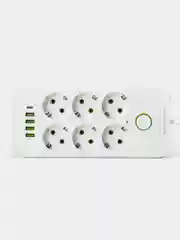 Белый удлинитель сетевой (фильтр) 3 метра 6 розеток, с 4 USB и 1 Type-C портами и кнопкой