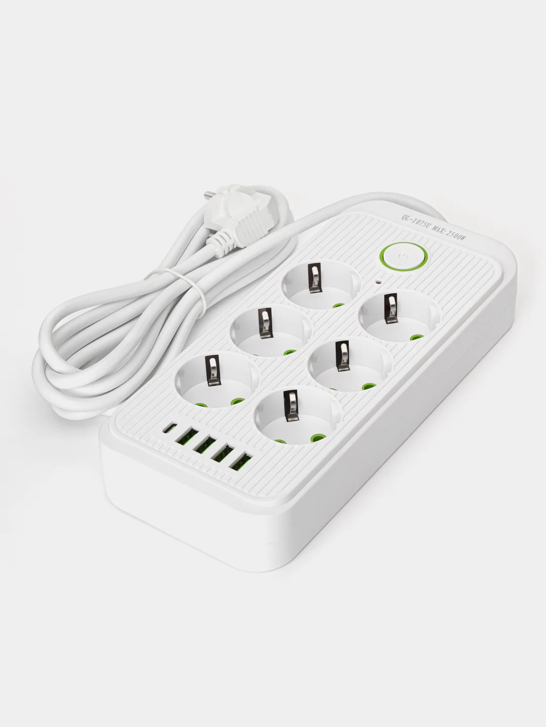 Белый удлинитель сетевой (фильтр) 3 метра 6 розеток, с 4 USB и 1 Type-C портами и кнопкой