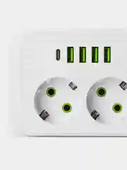 Белый удлинитель сетевой, фильтр 5 метров, 3 розетки с 4 USB и 1 Type-C портами и кнопкой