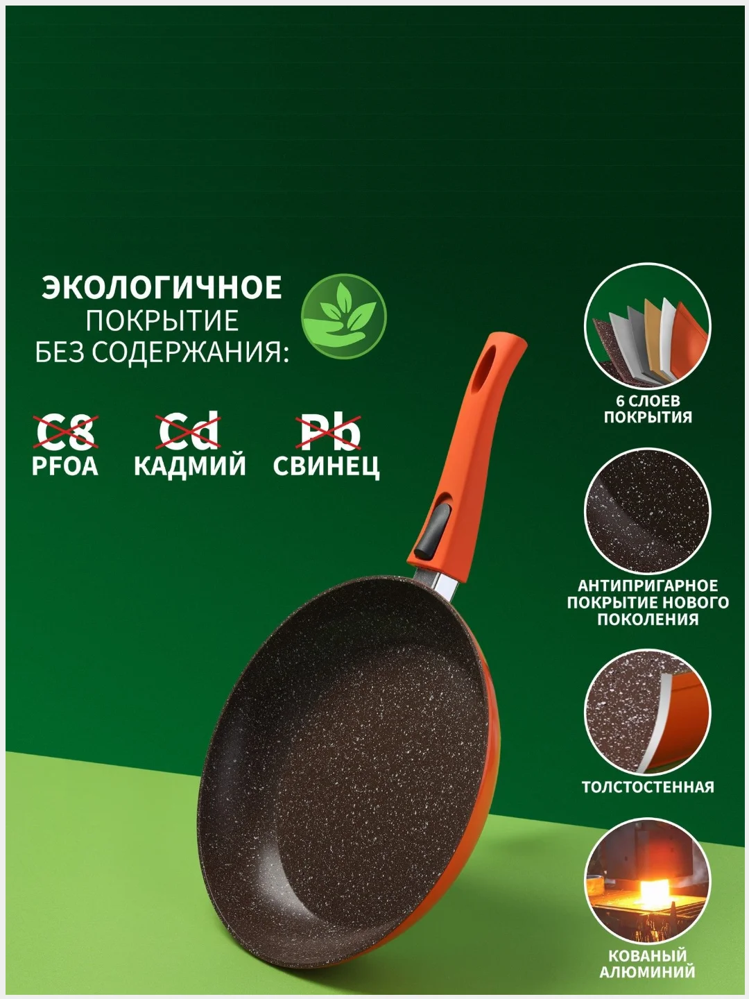 Оранжевый сковорода кованая Magistro, съёмная ручка soft-touch, антипригарное покрытие