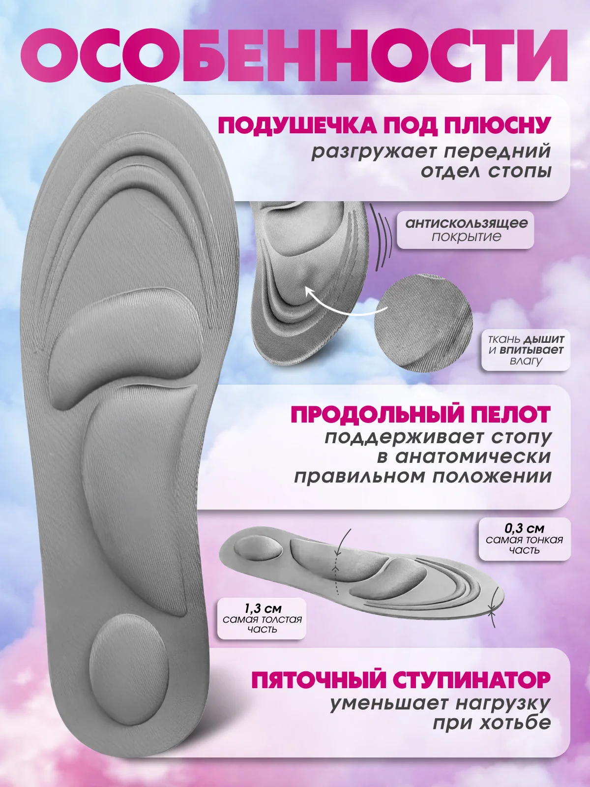 Тёмно-серый стельки для обуви, анатомические